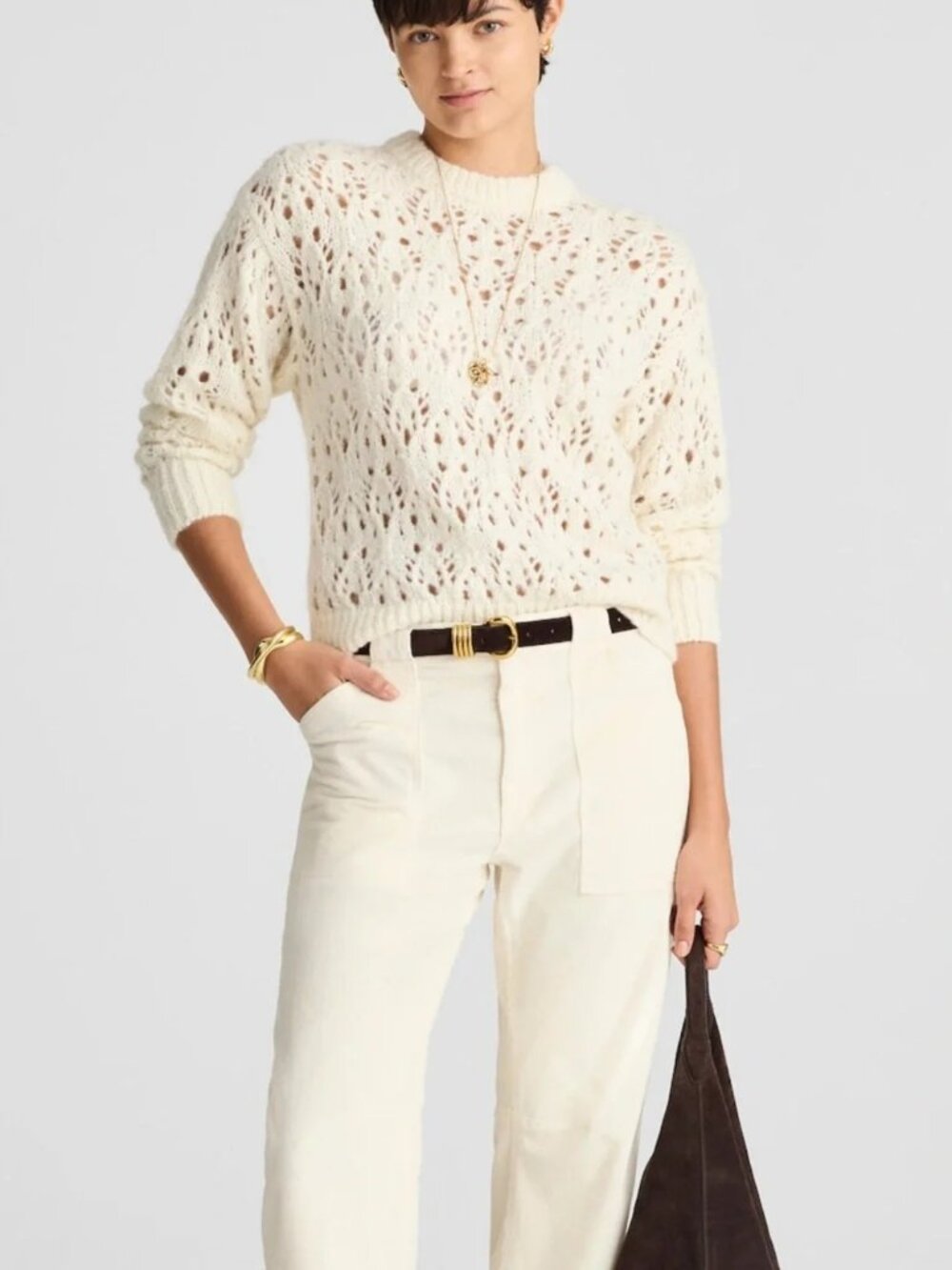 Madewell Pointelle-Stitch Drop-Shoulder Sweater Alpaca Blend Layer Ivory Small